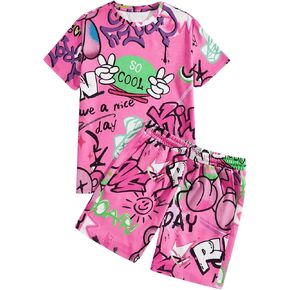 GORGLITTER Men's 2 Piece Outfits Cartoon Graphic Short Sleeve Tee and Shorts Tracksuit Set Sweatsuit
