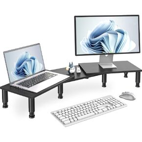 Dual Monitor Stand Riser, Monitor Stand with Adjustable Height Steel leg, Wood Monitor Stand for Desk, Monitor Riser for 2 Monitors with Storage Space Black