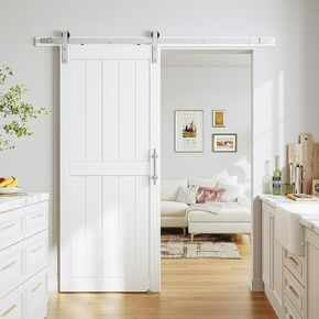 SmartStandard 36 x 84 inch White Slidng MDF Barn Door with 6.6FT Black Sliding Door Hardware Kit & Handle, Pre-Drilled Ready to Assemble, Waterproof PVC Coating, H-Frame