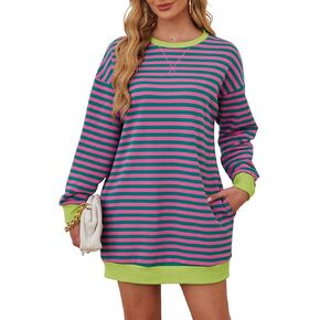 Dokuritu Sweatshirt Dress Women Oversized Crew Neck Long Sleeve Pullover Striped Tops Winter Mini Dress with Pockets