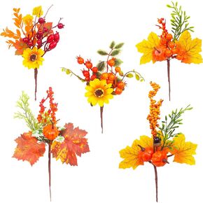 5 Pcs Fall Stems Artificial Berry Picks Artificial Flowers Mum Autumn Fall Floral Picks with Maple Leaves Pumpkins Sunflower Harvest Branches for Thanksgiving Halloween Wreaths Decor