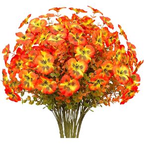 10 Bundles Artificial Flowers UV Resistant Faux Pansy and Eucalyptus Plastic Fake Plants for Outside Garden Porch Window Box Home Decor (Autumn Orange)