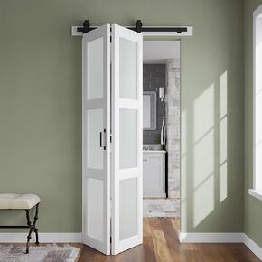 Bi-Fold Sliding Barn Door 32'' x 84'',Frosted Glass Barn Door with Hardware Kit Included,Pre-Finished Sliding barn Door Slab,Waterproof & Quiet,Pre-Drilled Holes Easy Assembly,MDF,White