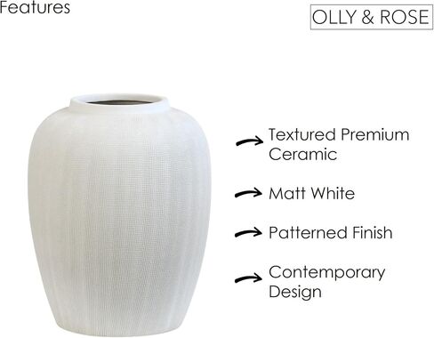 Olly & Rose Rhodes Vase - Flower Vase - White Ceramic Vases Patterned 20cm 8 Inch in Saudi Arabia