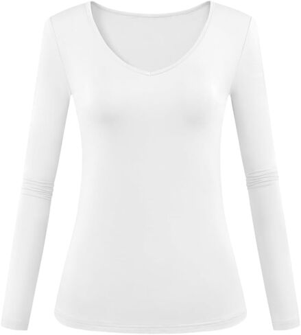 Womens Long Sleeve Deep V Neck Soft Slim Fitted Tops Basic Shirt Workout Casual Clothing 2024 in Saudi Arabia