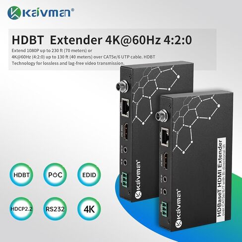 موسع HDMI KAIVMAN فوق Cat5e/6 حتى 196 قدمًا - موسع HDMI Ethernet Balun مع جهاز تحكم عن بعد بالأشعة تحت الحمراء، حلقة خارجية - يدعم دقة عالية كاملة 1080P@60 هرتز، EDID تلقائي، زمن انتقال صفر، منفذا إخراج in Saudi Arabia