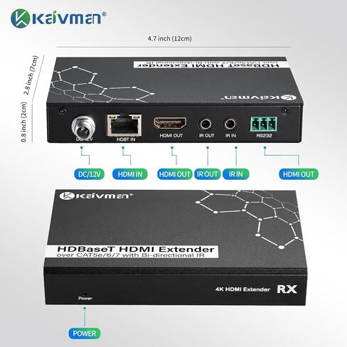 موسع HDMI KAIVMAN فوق Cat5e/6 حتى 196 قدمًا - موسع HDMI Ethernet Balun مع جهاز تحكم عن بعد بالأشعة تحت الحمراء، حلقة خارجية - يدعم دقة عالية كاملة 1080P@60 هرتز، EDID تلقائي، زمن انتقال صفر، منفذا إخراج in Saudi Arabia