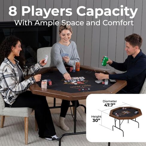 SereneLife 8-Player Octagonal Foldable Poker Table Premium Casino-Grade Design, Brown Felt Surface, Water-Resistant Rail, 8 Cup Holders, Blackjack Board Ideal for Texas Hold'em & Family Fun (Black) in Saudi Arabia