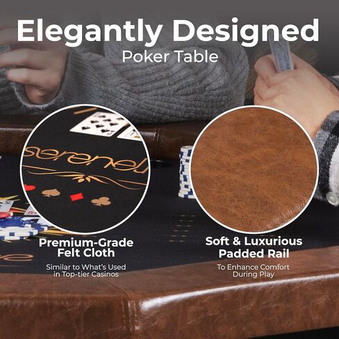 SereneLife 8-Player Octagonal Foldable Poker Table Premium Casino-Grade Design, Brown Felt Surface, Water-Resistant Rail, 8 Cup Holders, Blackjack Board Ideal for Texas Hold'em & Family Fun (Black) in Saudi Arabia
