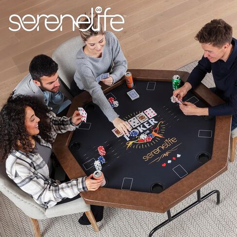 SereneLife 8-Player Octagonal Foldable Poker Table Premium Casino-Grade Design, Brown Felt Surface, Water-Resistant Rail, 8 Cup Holders, Blackjack Board Ideal for Texas Hold'em & Family Fun (Black) in Saudi Arabia