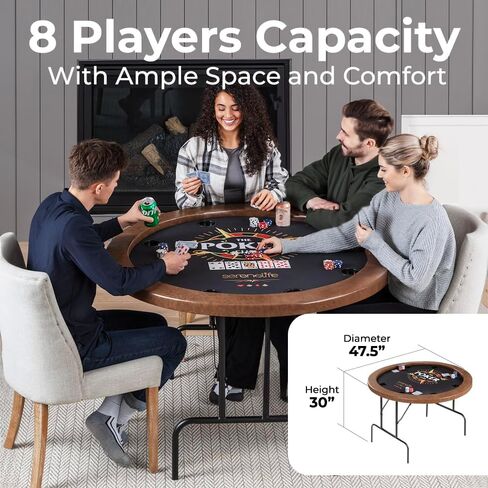 SereneLife 8-Player Octagonal Foldable Poker Table Premium Casino-Grade Design, Brown Felt Surface, Water-Resistant Rail, 8 Cup Holders, Blackjack Board Ideal for Texas Hold'em & Family Fun (Black) in Saudi Arabia