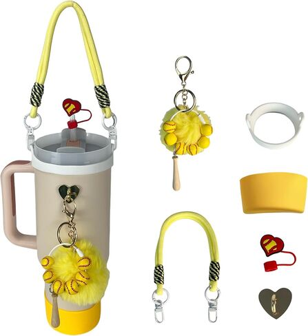 مجموعة غطاء غطاء من السيليكون من Softball Charms مع حامل حزام لإكسسوارات كأس ستانلي 30 40 أونصة، حامل زجاجة مياه مع حزام وملحقات (أصفر) in Saudi Arabia