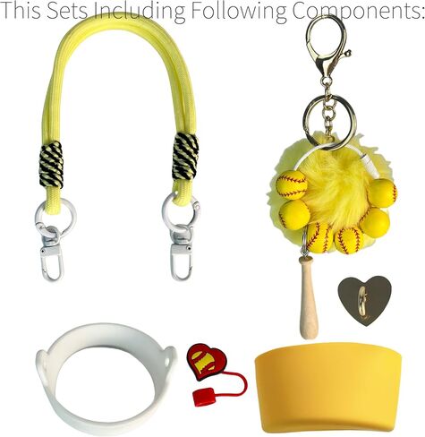مجموعة غطاء غطاء من السيليكون من Softball Charms مع حامل حزام لإكسسوارات كأس ستانلي 30 40 أونصة، حامل زجاجة مياه مع حزام وملحقات (أصفر) in Saudi Arabia