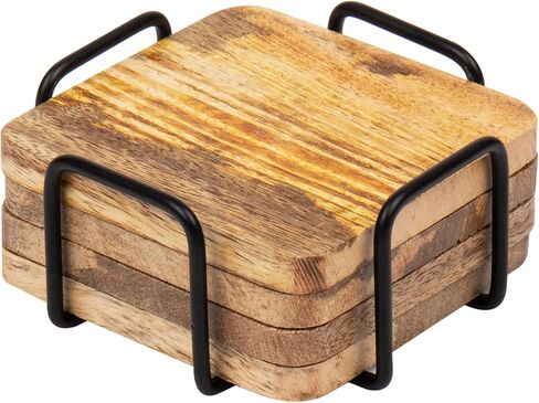 Set of 4 Square Coasters with a Metal Case, Acacia Wood, Brown in Saudi Arabia