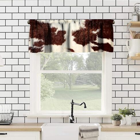 Cowhide Animal Kitchen Curtain Valance, Vintage Brown White Milk Cow Skin Print Farmhouse Animal Cowhide Rustic Western Farm Window Valance, For Bedroom Living Room Cafe Bathroom 1 Panels W54xL18in in Saudi Arabia