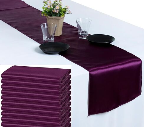 MDS Pack of 10 Satin Table Runners 12 x 108 Inch Long Wedding sateen Bright Silk Smooth Table Runner for Wedding Reception Birthday Graduation Party Event Banquet Spring Decoration - Eggplant in Kuwait