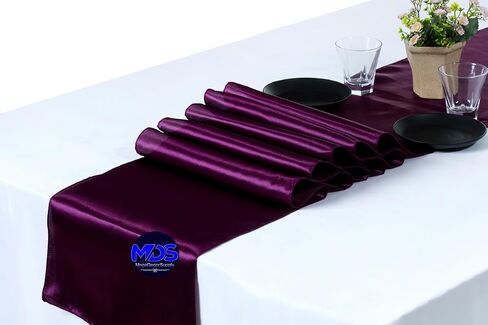 MDS Pack of 10 Satin Table Runners 12 x 108 Inch Long Wedding sateen Bright Silk Smooth Table Runner for Wedding Reception Birthday Graduation Party Event Banquet Spring Decoration - Eggplant in Kuwait