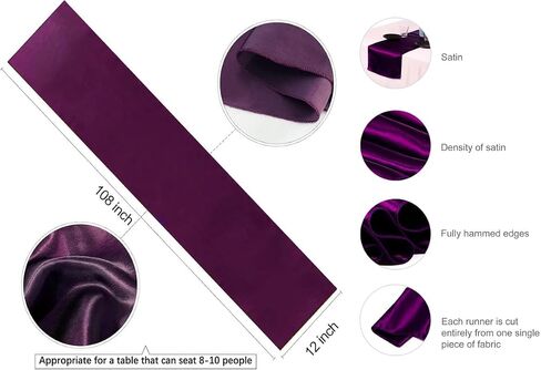 MDS Pack of 10 Satin Table Runners 12 x 108 Inch Long Wedding sateen Bright Silk Smooth Table Runner for Wedding Reception Birthday Graduation Party Event Banquet Spring Decoration - Eggplant in Kuwait