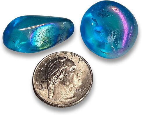 Aqua Aura Rainbow Quartz 24-37mm Tumbled and Polished Healing Crystal Gemstones from Brazil 2pc Set, Blue in Saudi Arabia