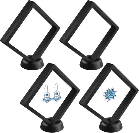 4 PCS Floating Frame Display Holder Stands 3D Floating Display Case Black 3D Coins Display Frame Transparent PE Film Jewelry Storage Box for Ring Necklace Bracelet Earring Military Coin 4.3 x 4.3 inch in Saudi Arabia