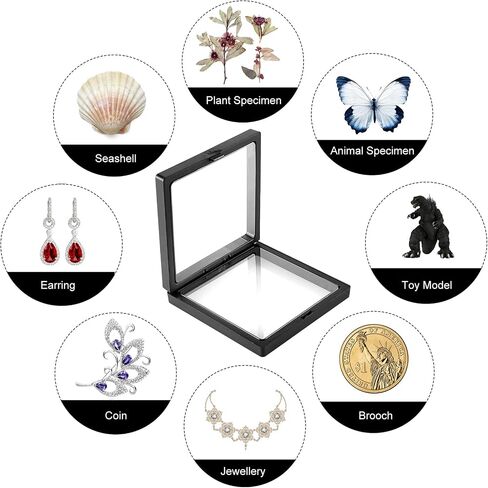 4 PCS Floating Frame Display Holder Stands 3D Floating Display Case Black 3D Coins Display Frame Transparent PE Film Jewelry Storage Box for Ring Necklace Bracelet Earring Military Coin 4.3 x 4.3 inch in Saudi Arabia