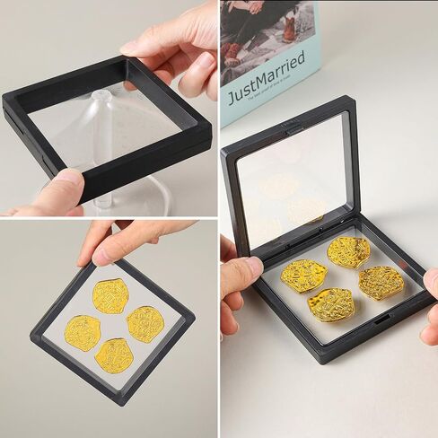 4 PCS Floating Frame Display Holder Stands 3D Floating Display Case Black 3D Coins Display Frame Transparent PE Film Jewelry Storage Box for Ring Necklace Bracelet Earring Military Coin 4.3 x 4.3 inch in Saudi Arabia