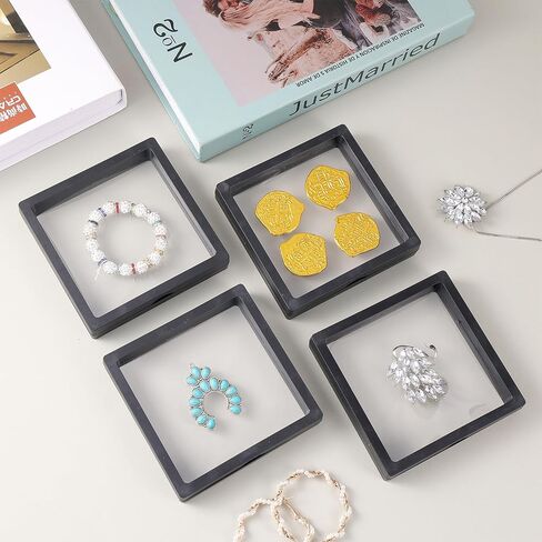 4 PCS Floating Frame Display Holder Stands 3D Floating Display Case Black 3D Coins Display Frame Transparent PE Film Jewelry Storage Box for Ring Necklace Bracelet Earring Military Coin 4.3 x 4.3 inch in Saudi Arabia