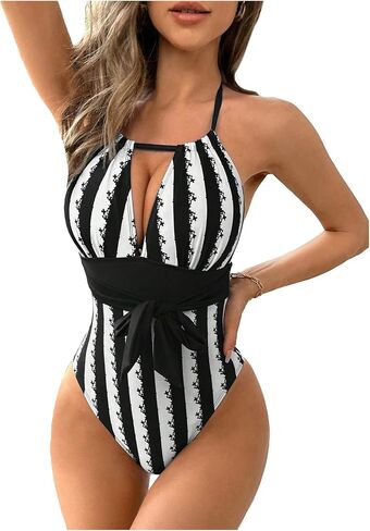 Floerns Women's Striped Cut Out Backless Halter Neck Tummy Control One Piece Swimsuit in Saudi Arabia