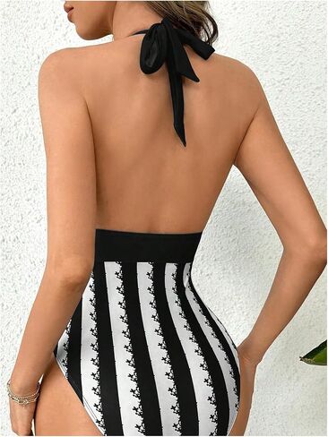 Floerns Women's Striped Cut Out Backless Halter Neck Tummy Control One Piece Swimsuit in Saudi Arabia