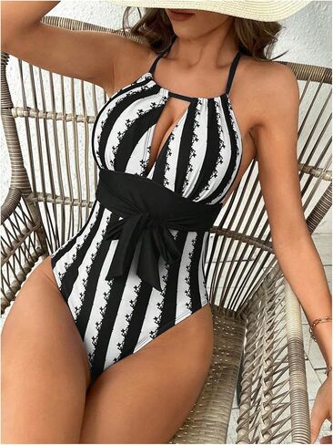 Floerns Women's Striped Cut Out Backless Halter Neck Tummy Control One Piece Swimsuit in Saudi Arabia