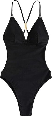 Lilosy Sexy Criss Cross Plunge V Neck Backless High Cut Leg Thong Cheeky Brazilian One Piece Bikini Swimsuit Women Open Back Bathing Suit Black 2# Small in Kuwait