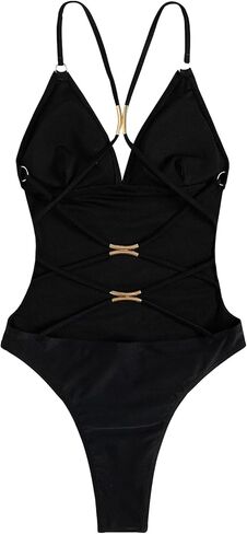 Lilosy Sexy Criss Cross Plunge V Neck Backless High Cut Leg Thong Cheeky Brazilian One Piece Bikini Swimsuit Women Open Back Bathing Suit Black 2# Small in Kuwait