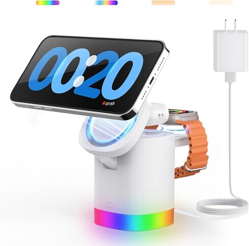 JoyGeek 3-in-1 Charger Stand for Magsafe: Foldable Wireless Charging Station with 4 RGB Night Lights - Magnetic Charger Dock for iPhone 15/14/13/12 Pro/Max/Plus, AirPods, Apple Watch 2-9/Ultra in Saudi Arabia