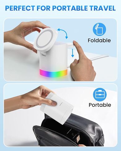 JoyGeek 3-in-1 Charger Stand for Magsafe: Foldable Wireless Charging Station with 4 RGB Night Lights - Magnetic Charger Dock for iPhone 15/14/13/12 Pro/Max/Plus, AirPods, Apple Watch 2-9/Ultra in Saudi Arabia