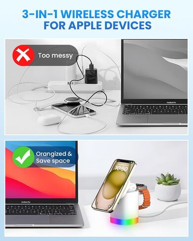 JoyGeek 3-in-1 Charger Stand for Magsafe: Foldable Wireless Charging Station with 4 RGB Night Lights - Magnetic Charger Dock for iPhone 15/14/13/12 Pro/Max/Plus, AirPods, Apple Watch 2-9/Ultra in Saudi Arabia