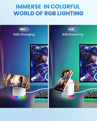 JoyGeek 3-in-1 Charger Stand for Magsafe: Foldable Wireless Charging Station with 4 RGB Night Lights - Magnetic Charger Dock for iPhone 15/14/13/12 Pro/Max/Plus, AirPods, Apple Watch 2-9/Ultra in Saudi Arabia