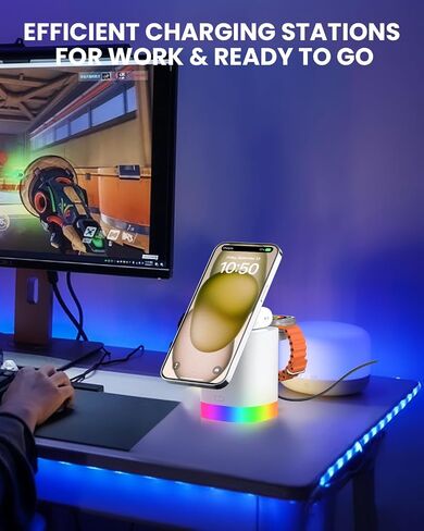 JoyGeek 3-in-1 Charger Stand for Magsafe: Foldable Wireless Charging Station with 4 RGB Night Lights - Magnetic Charger Dock for iPhone 15/14/13/12 Pro/Max/Plus, AirPods, Apple Watch 2-9/Ultra in Saudi Arabia
