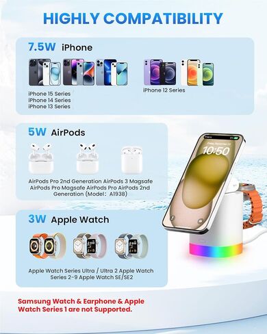 JoyGeek 3-in-1 Charger Stand for Magsafe: Foldable Wireless Charging Station with 4 RGB Night Lights - Magnetic Charger Dock for iPhone 15/14/13/12 Pro/Max/Plus, AirPods, Apple Watch 2-9/Ultra in Saudi Arabia