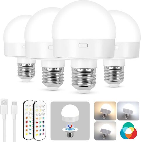 Rechargeable Battery Operated Light Bulb with Remote, Last 20-60 Hours 3000mAh Wireless LED Bulb with Timer and 15 Color Temperature, dimmable, Magnetic Puck Light for Non-Hardwired Fixture, 4 Pack in Saudi Arabia
