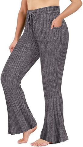 TIYOMI Plus Size Ribbed Pants for Women Drawstring High Waist Wide Leg Lounge Pants Knit Flared Trousers with Pockets XL-5XL in Saudi Arabia