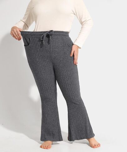 TIYOMI Plus Size Ribbed Pants for Women Drawstring High Waist Wide Leg Lounge Pants Knit Flared Trousers with Pockets XL-5XL in Saudi Arabia