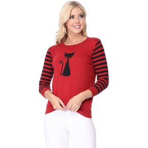 YEMAK Women's 3/4 Striped Sleeve Round Neck Cat Design Knitted Sweater Pullover