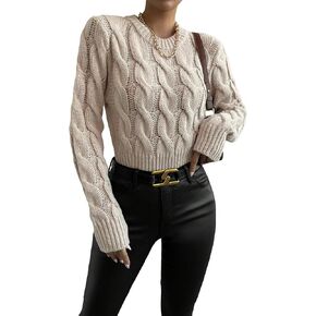 SweatyRocks Women's Cable Knit Texture Crop Sweater Crew Neck Long Sleeve Pullover Crop Top Sweater