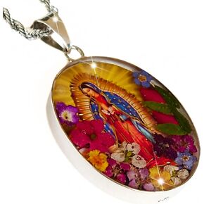 Virgin Mary Necklace Lady of Guadalupe Pendant Mary Medal Pressed Flower 925 Sterling Silver with 20" Stainless Steel Chain Medalla Virgen Maria Catholic Religious Mexico Jewelry -Handmade by Mexican in Saudi Arabia