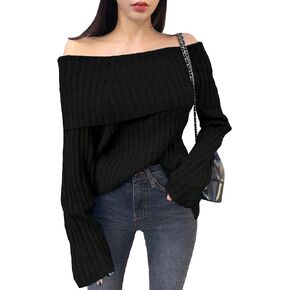 Floerns Women's Off Shoulder Ribbed Knit Solid Long Sleeve Pullover Sweater Top