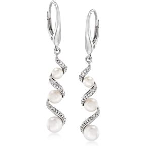 Ross-Simons 3.5-5mm Cultured Pearl and .10 ct. t.w. Diamond Drop Earrings in Sterling Silver