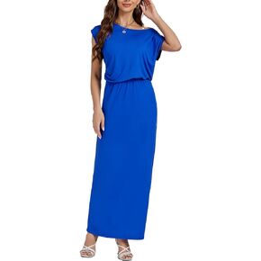 LYANER Women's Off Shoulder Draped Neck Short Sleeve Long Dress
