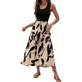 SHENHE Women's Scoop Neck A Line Sleeveless Printed Flowy Boho Long Tank Top Dress