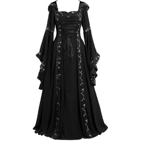 Women Renaissance Medieval Dress Irish Hooded Vintage Gothic Fairy Ball Gown Chemise Lace Up Long Flared Sleeve Dress Party