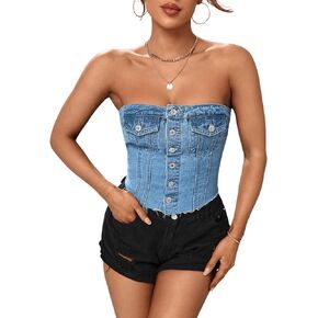 GORGLITTER Women's Denim Corset Top Y2K Strapless Button Up Crop Tube Top